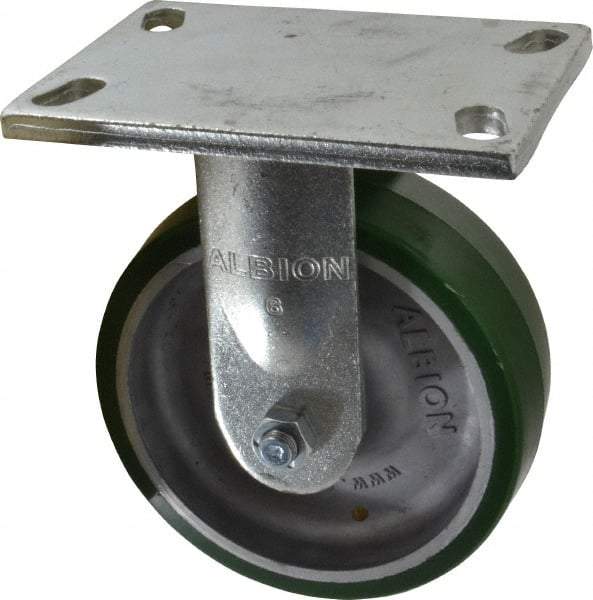Albion - 6" Diam x 2" Wide x 7-1/2" OAH Top Plate Mount Rigid Caster - Polyurethane, 1,230 Lb Capacity, Roller Bearing, 5 x 6-1/4" Plate - USA Tool & Supply