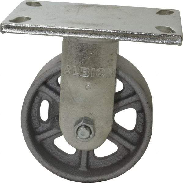 Albion - 5" Diam x 2" Wide x 6-1/2" OAH Top Plate Mount Rigid Caster - Cast Iron, 1,000 Lb Capacity, Roller Bearing, 5 x 6-1/4" Plate - USA Tool & Supply