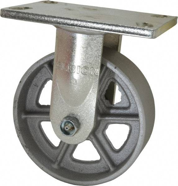 Albion - 6" Diam x 2" Wide x 7-1/2" OAH Top Plate Mount Rigid Caster - Cast Iron, 1,200 Lb Capacity, Roller Bearing, 5 x 6-1/4" Plate - USA Tool & Supply
