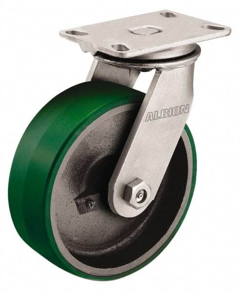 Albion - 4" Diam x 3-1/4" Wide x 5-1/2" OAH Top Plate Mount Swivel Caster - Polyurethane, 1,200 Lb Capacity, Roller Bearing, 4-1/2 x 6-1/4" Plate - USA Tool & Supply