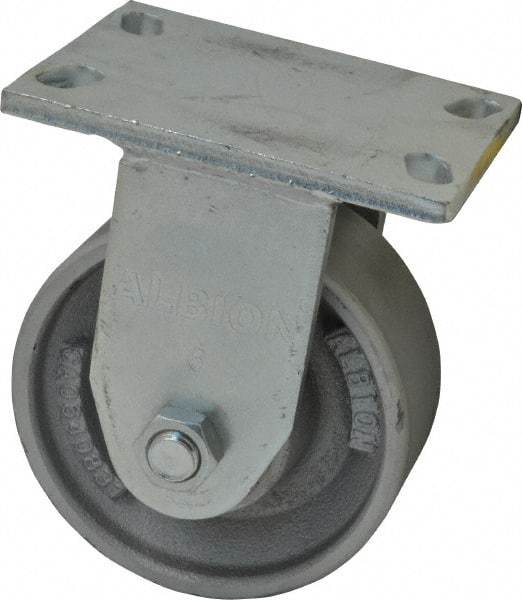 Albion - 6" Diam x 2-1/2" Wide x 7-5/8" OAH Top Plate Mount Rigid Caster - Cast Iron, 2,000 Lb Capacity, Roller Bearing, 5 x 6-1/4" Plate - USA Tool & Supply