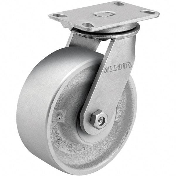 Albion - 8" Diam x 3" Wide x 10-1/8" OAH Top Plate Mount Rigid Caster - Cast Iron, 2,000 Lb Capacity, Roller Bearing, 5 x 6-1/4" Plate - USA Tool & Supply