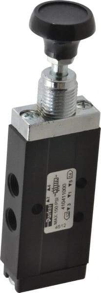 Parker - 0.20 CV Rate, 1/8" NPT Inlet Direct Air 2 Mechanical Spool Valve - 4 Way, 2 Position, 150 Max psi, Button Spring Return - USA Tool & Supply