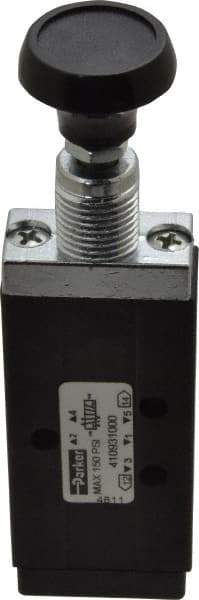 Parker - 0.20 CV Rate, 1/8" NPT Inlet Direct Air 2 Mechanical Spool Valve - 4 Way, 2 Position, 150 Max psi, Button Push Pull - USA Tool & Supply