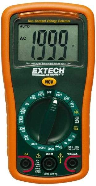 Extech - EX310, CAT III, 600 VAC/VDC, Digital Manual Ranging Multimeter - 200 mOhm, Measures Voltage, Current, Resistance - USA Tool & Supply