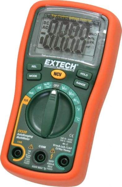 Extech - EX330, CAT III, 600 VAC/VDC, Digital Auto Ranging Multimeter - 40 mOhm, Measures Voltage, Capacitance, Current, Frequency, Resistance, Temperature - USA Tool & Supply