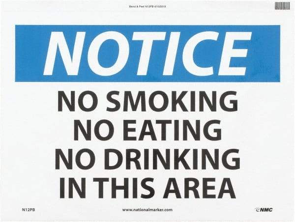 NMC - "Notice - No Smoking - No Eating - No Drinking in This Area", 10" Long x 14" Wide, Pressure-Sensitive Vinyl Safety Sign - Rectangle, 0.004" Thick, Use for Accident Prevention - USA Tool & Supply