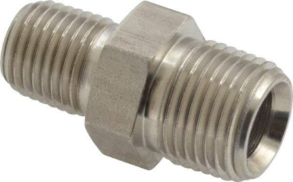 Made in USA - 3/8 x 1/4" Grade 316 Stainless Steel Pipe Hex Nipple - MNPTF x MNPTF End Connections - USA Tool & Supply