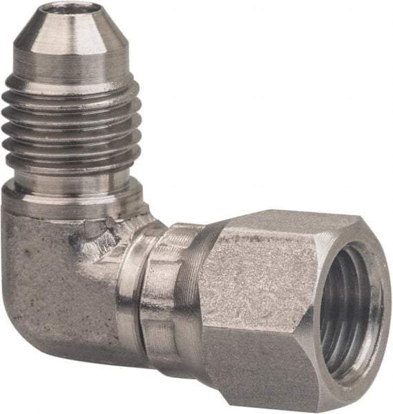 Made in USA - 1" Tube OD, 37° Stainless Steel Flared Tube Female Elbow - 1-5/16-12 UNF, Flared to Female JIC Swivel , 90° Ends - USA Tool & Supply