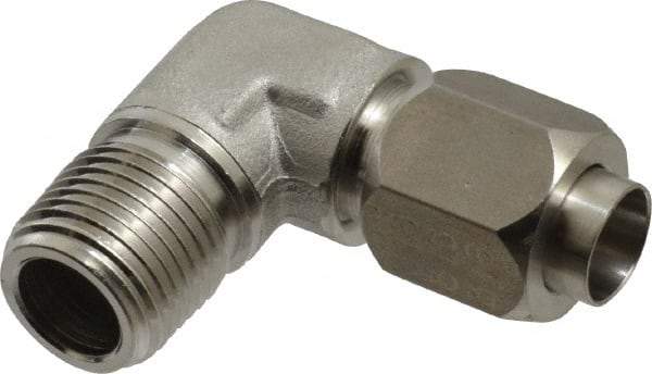 Made in USA - 1/2" Tube OD, 37° Stainless Steel Flared Tube Male Elbow - 1/2-14 NPTF, Flare x MNPTF Ends - USA Tool & Supply