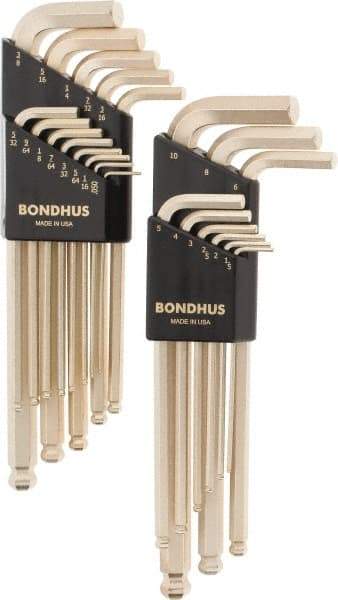 Bondhus - 22 Piece L-Key Ball End Hex Key Set - Hex Range 0.05 to 3/8", Steel - USA Tool & Supply