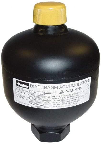 Parker - 170 Lb. Capacity, 3,620 psi Max Working Pressure, 10.47" High, Hydrin Diaphragm Accumulator - 6.63" Diam, 8 SAE Port Thread - USA Tool & Supply
