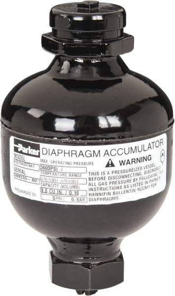 Parker - 10 Lb. Capacity, 3,620 psi Max Working Pressure, 4.69" High, Hydrin Diaphragm Accumulator - 2.95" Diam, 6 SAE Port Thread - USA Tool & Supply