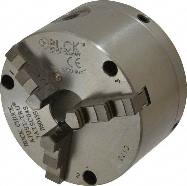 Buck Chuck Company - 3 Jaws, 4" Diam, Self Centering Manual Lathe Chuck - Front Mount, Adjustable, 6,300 Max RPM, 1.04" Through Hole Diam, Forged Steel - USA Tool & Supply