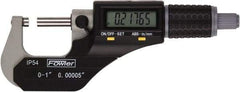 Fowler - 0 to 1 Inch Range, 0.0001 Inch Resolution, Standard Throat, IP54 Electronic Outside Micrometer - 0.0002 Inch Accuracy, Friction Thimble, 357 Battery, Data Output, Includes Case and Wrench - USA Tool & Supply