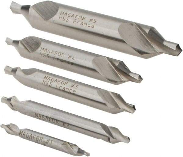 Magafor - 5 Piece, #1 to 5, 1/8 to 7/16" Body Diam, 3/64 to 3/16" Point Diam, Plain Edge, High Speed Steel Combo Drill & Countersink Set - 60° Incl Angle, 0.067 to 0.256" Point Length, 1/8 to 2-3/4" OAL, Double End, 115 Series Compatibility - USA Tool & Supply