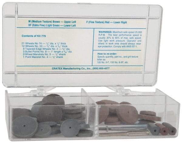 Cratex - 49 Piece Rubberized Small Wheel & Abrasive Point Set - Includes 4 Mandrels, 3 Points & 42 Wheels - USA Tool & Supply