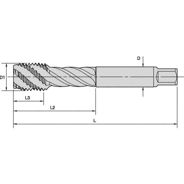 Kennametal - M5x0.80 Metric 3 Flute 6HX Modified Bottoming Spiral Flute Tap - Powdered Metal, TiN/CrC/C Finish, 70mm OAL, Right Hand Flute, Right Hand Thread, Series T630 - Exact Industrial Supply