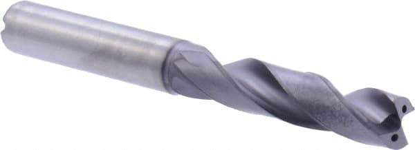 Kennametal - 3/8" 180° Spiral Flute Solid Carbide Screw Machine Drill Bit - Multilayer TiAlN Finish, Right Hand Cut, 47mm Flute Length, 89mm OAL, Flat-Bottom Point, Straight Shank, Through Coolant - USA Tool & Supply