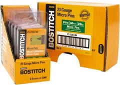 Stanley Bostitch - 23 Gauge 0.0281" Shank Diam 1-3/16" Long Pin Nails for Power Nailers - Steel, Bright Finish, Smooth Shank, Straight Stick Adhesive Collation, Round Head, Diamond Point - USA Tool & Supply