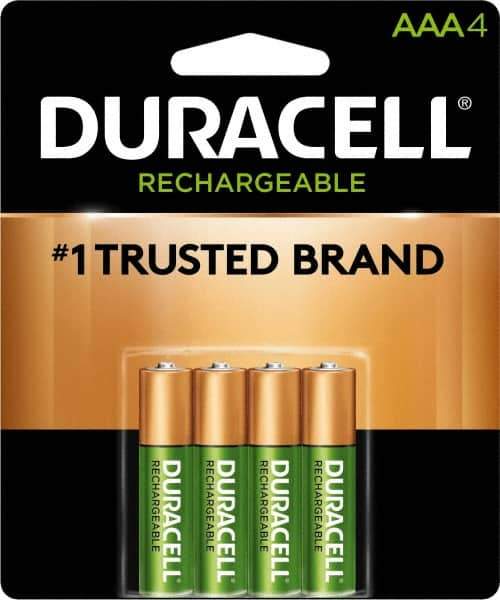 Duracell - Size AAA, NiMH, 4 Pack, Standard Battery - 1.2 Volts, Button Tab Terminal, 61951-2:2003-04 - USA Tool & Supply