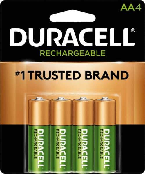 Duracell - Size AA, NiMH, 4 Pack, Standard Battery - 1.2 Volts, Button Tab Terminal, 61951-2:2003-04 - USA Tool & Supply
