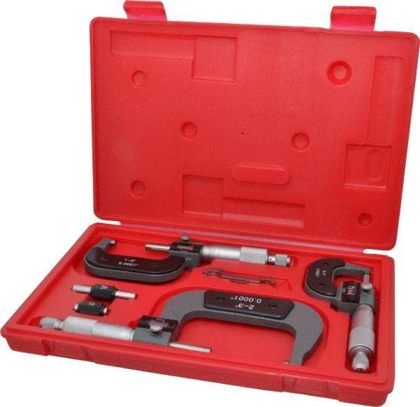 Value Collection - 0 to 3" Range, 3 Piece Mechanical Outside Micrometer Set - 0.0001" Graduation, 0.000160, 0.000200 Accuracy, Ratchet Stop Thimble - USA Tool & Supply