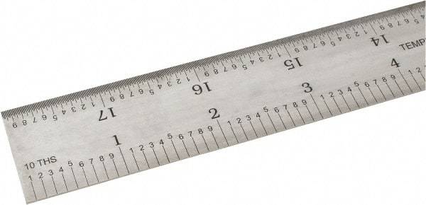 SPI - 18" Long, 1/100, 1/10" and 0.5, 1mm Graduation, Rigid Steel Rule - Decimal/Metric Graduation Style, 1-1/8" Wide, Silver, Satin Chrome Finish - USA Tool & Supply