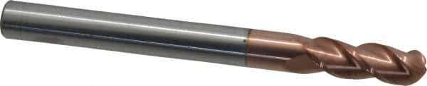 Accupro - 3/8" Diam, 1" LOC, 3 Flute Solid Carbide Ball End Mill - TiCN Finish, Single End, 4" OAL, 3/8" Shank Diam, Spiral Flute - USA Tool & Supply