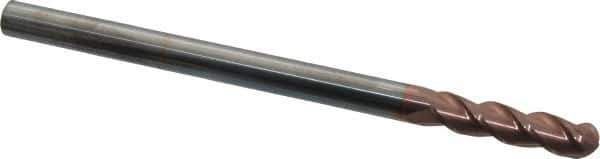 Accupro - 3/8" Diam, 1-1/2" LOC, 3 Flute Solid Carbide Ball End Mill - TiCN Finish, Single End, 6" OAL, 3/8" Shank Diam, Spiral Flute - USA Tool & Supply