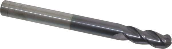 Accupro - 3/8" Diam, 1" LOC, 3 Flute Solid Carbide Ball End Mill - AlTiN Finish, Single End, 4" OAL, 3/8" Shank Diam, Spiral Flute - USA Tool & Supply
