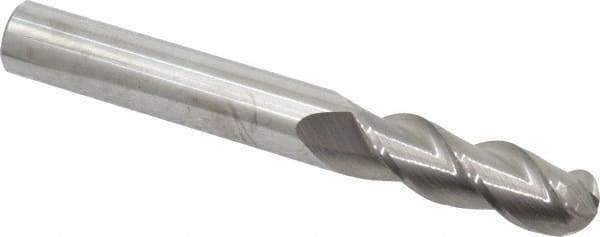 Accupro - 3/8" Diam, 1-1/8" LOC, 3 Flute Solid Carbide Ball End Mill - Uncoated, Single End, 3" OAL, 3/8" Shank Diam, Spiral Flute - USA Tool & Supply