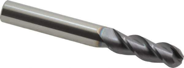 Accupro - 3/8" Diam, 1-1/8" LOC, 3 Flute Solid Carbide Ball End Mill - AlTiN Finish, Single End, 3" OAL, 3/8" Shank Diam, Spiral Flute - USA Tool & Supply