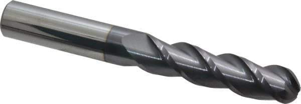 Accupro - 1/2" Diam, 2" LOC, 3 Flute Solid Carbide Ball End Mill - AlTiN Finish, Single End, 4" OAL, 1/2" Shank Diam, Spiral Flute - USA Tool & Supply