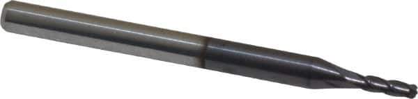 Accupro - 1.5mm Diam, 6mm LOC, 4 Flute Solid Carbide Ball End Mill - AlTiN Finish, Single End, 38mm OAL, 3mm Shank Diam, Spiral Flute - USA Tool & Supply