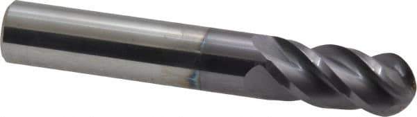Accupro - 12mm Diam, 25mm LOC, 4 Flute Solid Carbide Ball End Mill - AlTiN Finish, Single End, 76mm OAL, 12mm Shank Diam, Spiral Flute - USA Tool & Supply