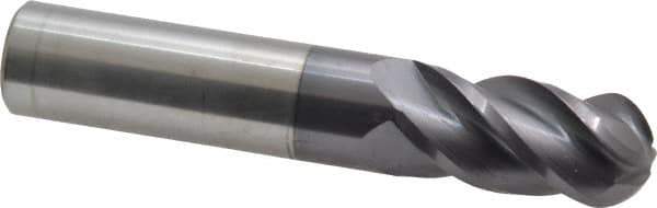Accupro - 16mm Diam, 32mm LOC, 4 Flute Solid Carbide Ball End Mill - AlTiN Finish, Single End, 89mm OAL, 16mm Shank Diam, Spiral Flute - USA Tool & Supply