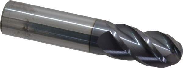 Accupro - 20mm Diam, 38mm LOC, 4 Flute Solid Carbide Ball End Mill - AlTiN Finish, Single End, 101mm OAL, 20mm Shank Diam, Spiral Flute - USA Tool & Supply