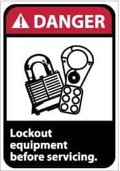 NMC - Accident Prevention Label, Header: DANGER - Legend: Danger - Lock Out Equipment Before Servicing, English, Red, Black & White, 5" Long x 3" High, Sign Muscle Finish - USA Tool & Supply