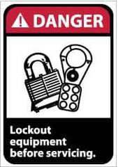NMC - Accident Prevention Label, Header: DANGER - Legend: Danger - Lock Out Equipment Before Servicing, English, Red, Black & White, 5" Long x 3" High, Sign Muscle Finish - USA Tool & Supply