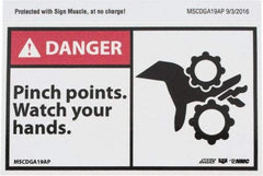 NMC - Accident Prevention Label, Header: DANGER - Legend: Danger - Pinch Points - Watch Your Hands, English, Red, Black & White, 5" Long x 3" High, Sign Muscle Finish - USA Tool & Supply