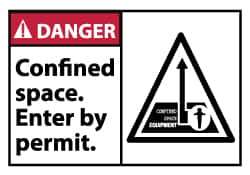 NMC - Accident Prevention Label, Header: DANGER - Legend: Danger - Confined Space - Enter by Permit, English, Red, Black & White, 5" Long x 3" High, Sign Muscle Finish - USA Tool & Supply