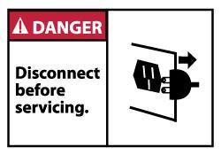 NMC - Accident Prevention Label, Header: DANGER - Legend: Danger - Disconnect Before Servicing, English, Red, Black & White, 5" Long x 3" High, Sign Muscle Finish - USA Tool & Supply