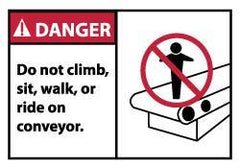 NMC - Accident Prevention Label, Header: DANGER - Legend: Danger - Do Not Climb Sit Walk or Ride on Conveyor, English, Red, Black & White, 5" Long x 3" High, Sign Muscle Finish - USA Tool & Supply