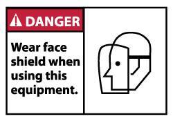 NMC - Accident Prevention Label, Header: DANGER - Legend: Danger - Wear Face Shield When Using This Equipment, English, Red, Black & White, 5" Long x 3" High, Sign Muscle Finish - USA Tool & Supply