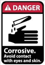 NMC - Accident Prevention Label, Header: DANGER - Legend: Danger - Corrosive - Avoid Contact with Eyes and Skin, English, Red, Black & White, 5" Long x 3" High, Sign Muscle Finish - USA Tool & Supply