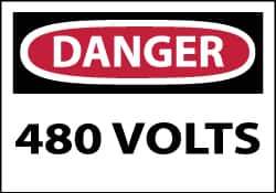NMC - Accident Prevention Label, Header: DANGER - Legend: Danger - 480 Volts, English, Red, Black & White, 5" Long x 3" High, Sign Muscle Finish - USA Tool & Supply