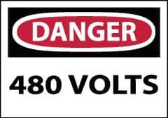 NMC - Accident Prevention Label, Header: DANGER - Legend: Danger - 480 Volts, English, Red, Black & White, 5" Long x 3" High, Sign Muscle Finish - USA Tool & Supply