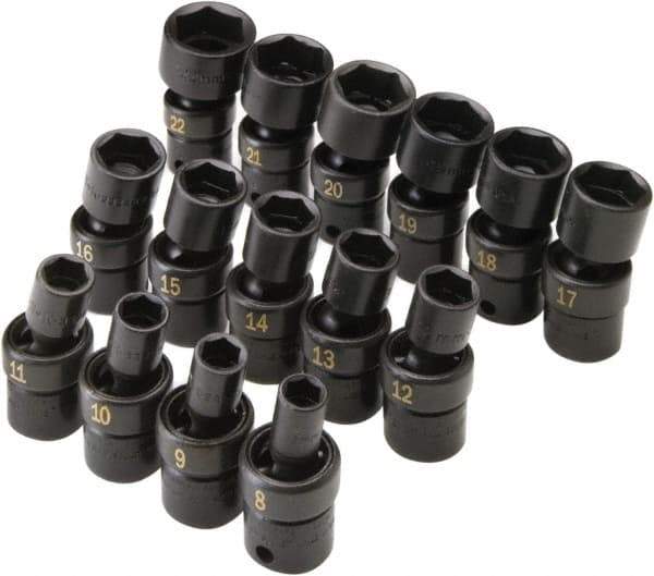 SK - 15 Piece 3/8" Drive Standard Impact Socket Set - 6 Points, 8 to 21mm, Metric Measurement Standard - USA Tool & Supply