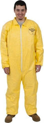 Dupont - Size L PE Film Chemical Resistant Coveralls - Yellow, Zipper Closure, Open Cuffs, Open Ankles, Serged Seams - USA Tool & Supply